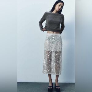 Zara Sheer Sequin Midi Skirt Metallic Silver Medium Built in Mini Slip NWT